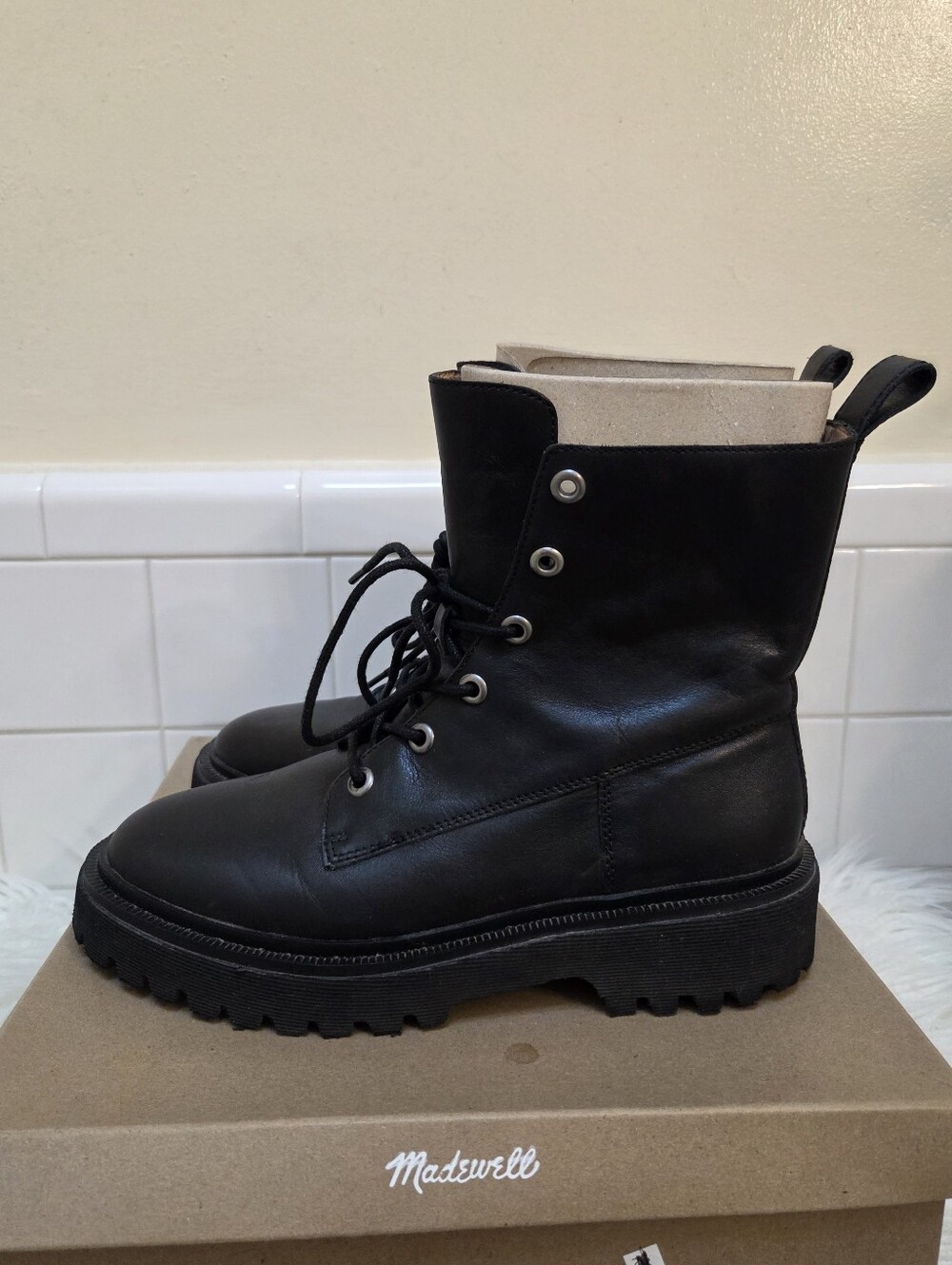 Madewell Black Leather Lug Sole Lace-Up Boots